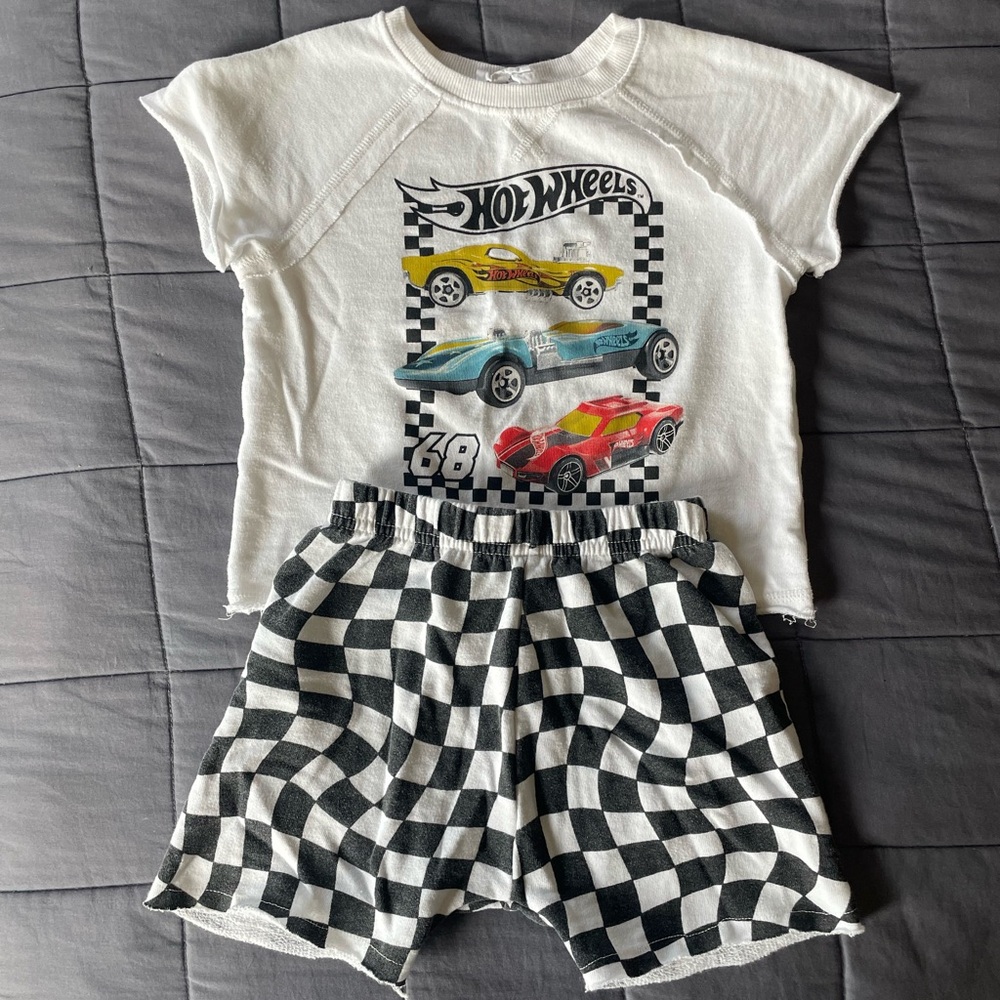 3/$12 Hot Wheels White Graphic Tee & Black Check Shorts Set